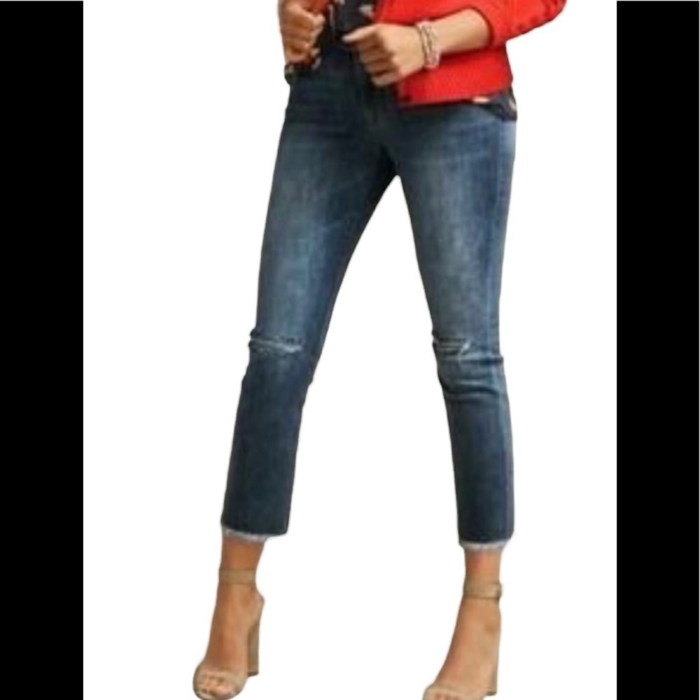 Cabi medium wash distressed high rise straight legged cropped jean